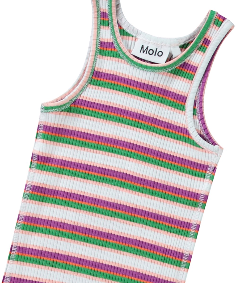 Roberta - Jungle Stripe - Randig, flerfärgad linne för barn i mjuk ekologisk bomullsribb med en rund hals.