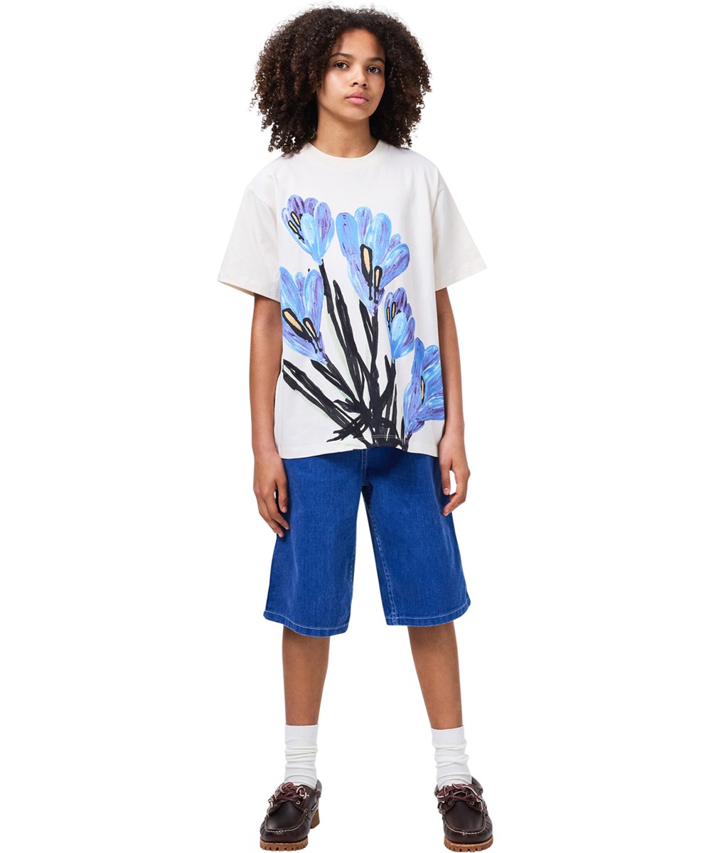 Rodney - Blue Flora - Vit T-shirt för barn i ekologisk bomull