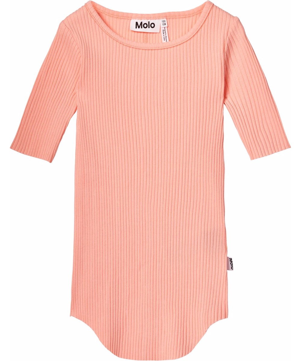 Ronelle - Peach - Ljusorange t-shirt för barn i mjuk ekologisk bomullsribb med en rund hals.