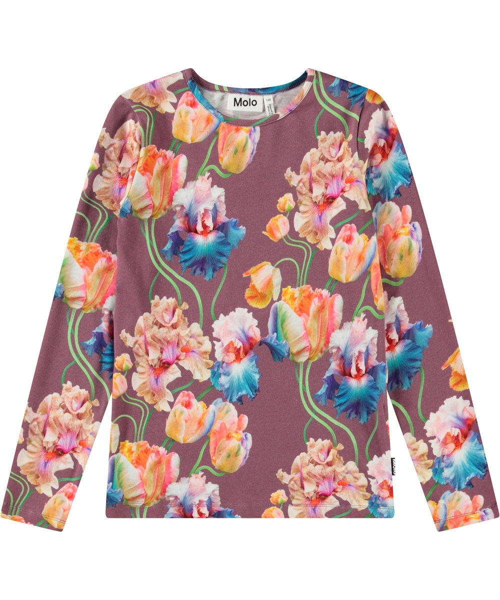 Rose - Rainbow Tulips - Lila långärmad topp för barn i ekologisk bomull med en rund halsringning och färgglada tulpaner.