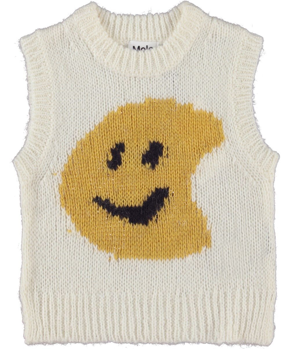 Gertrude - Fast Smile - Vit stickad väst med smileys.