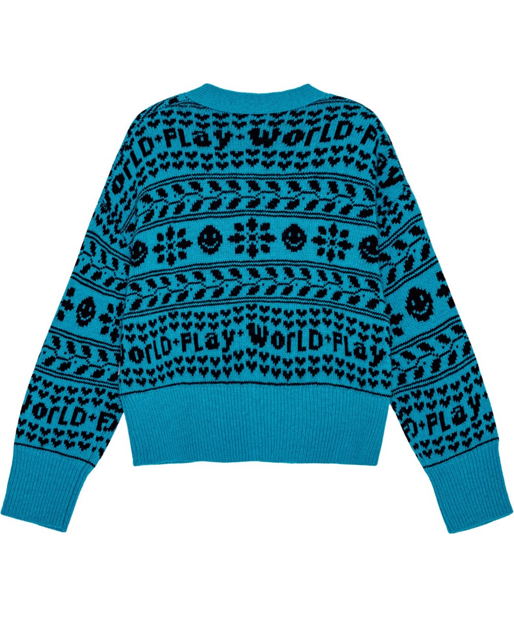 Gilly - Peacock Blue - Turkosstickad kofta med nordiskt inspirerat mönster och knappstängning.