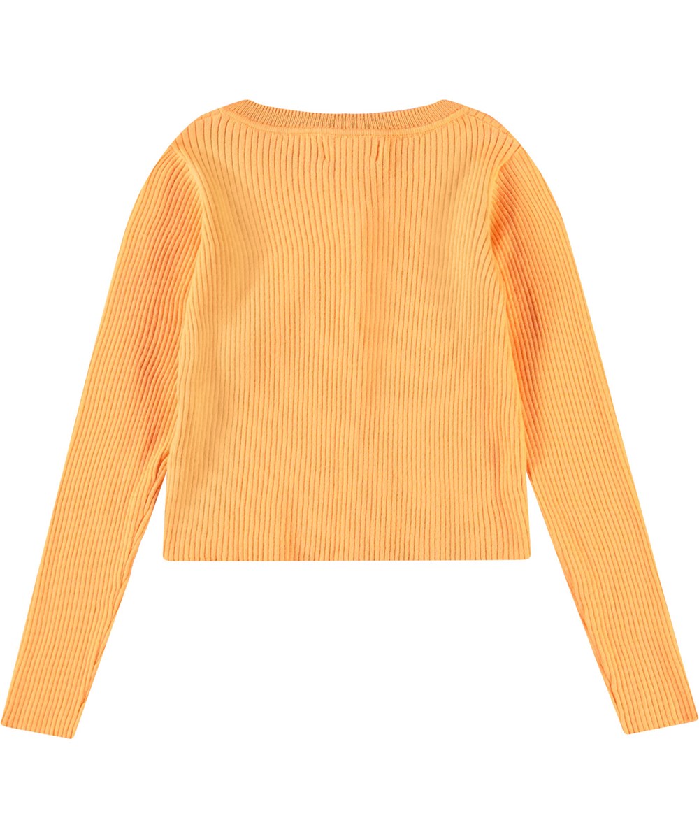 Giselle - Cantaloupe - Orange kofta för barn i en mjuk ekologisk bomullsribb med pärlknappar.