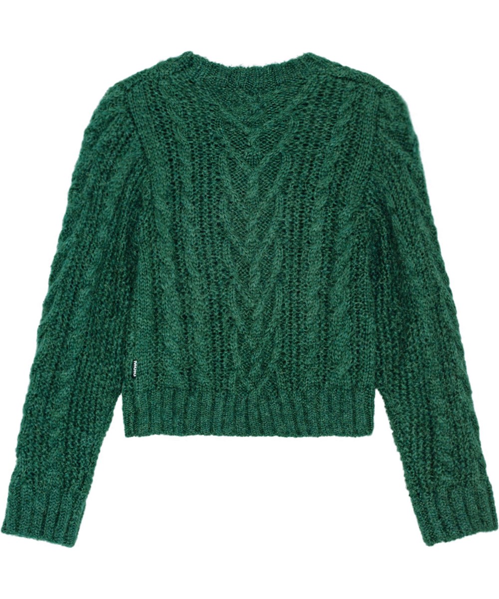 Grete - Aventurine - Mjuk grön alpackaullströja med flätstickat mönster.