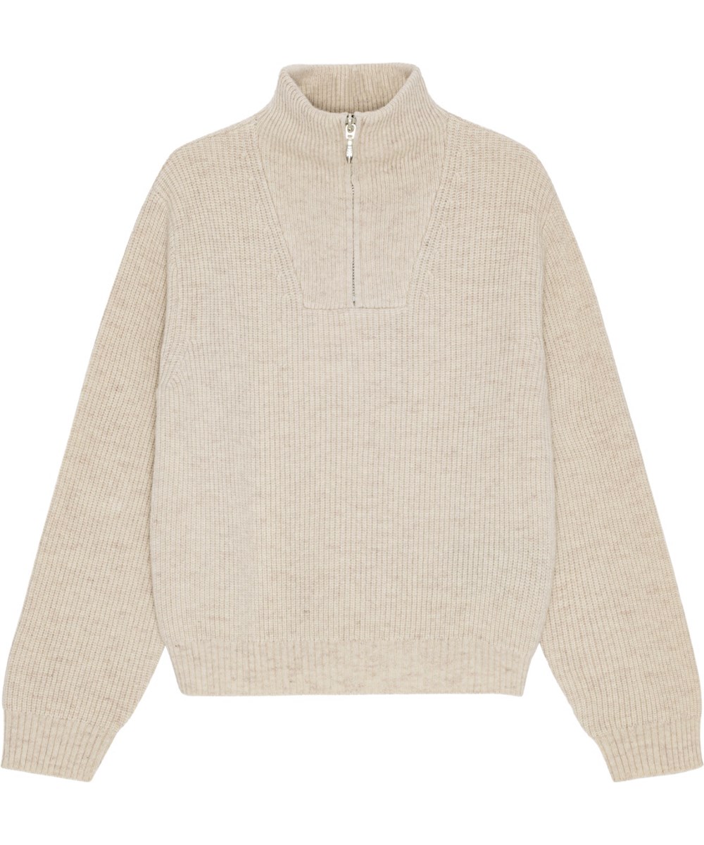 Gretta - Whisper Pink - Mjuk beige ulltröja med lös passform, hög krage och dragkedja.