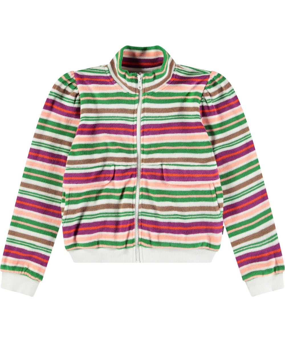 Malika - Exotic Stripe - Kofta för barn med dragkedja, sidofickor med ficklock, rynkning vid axeln och en bred ribbstickad kant vid ärmarna och nederkanten på koftan.