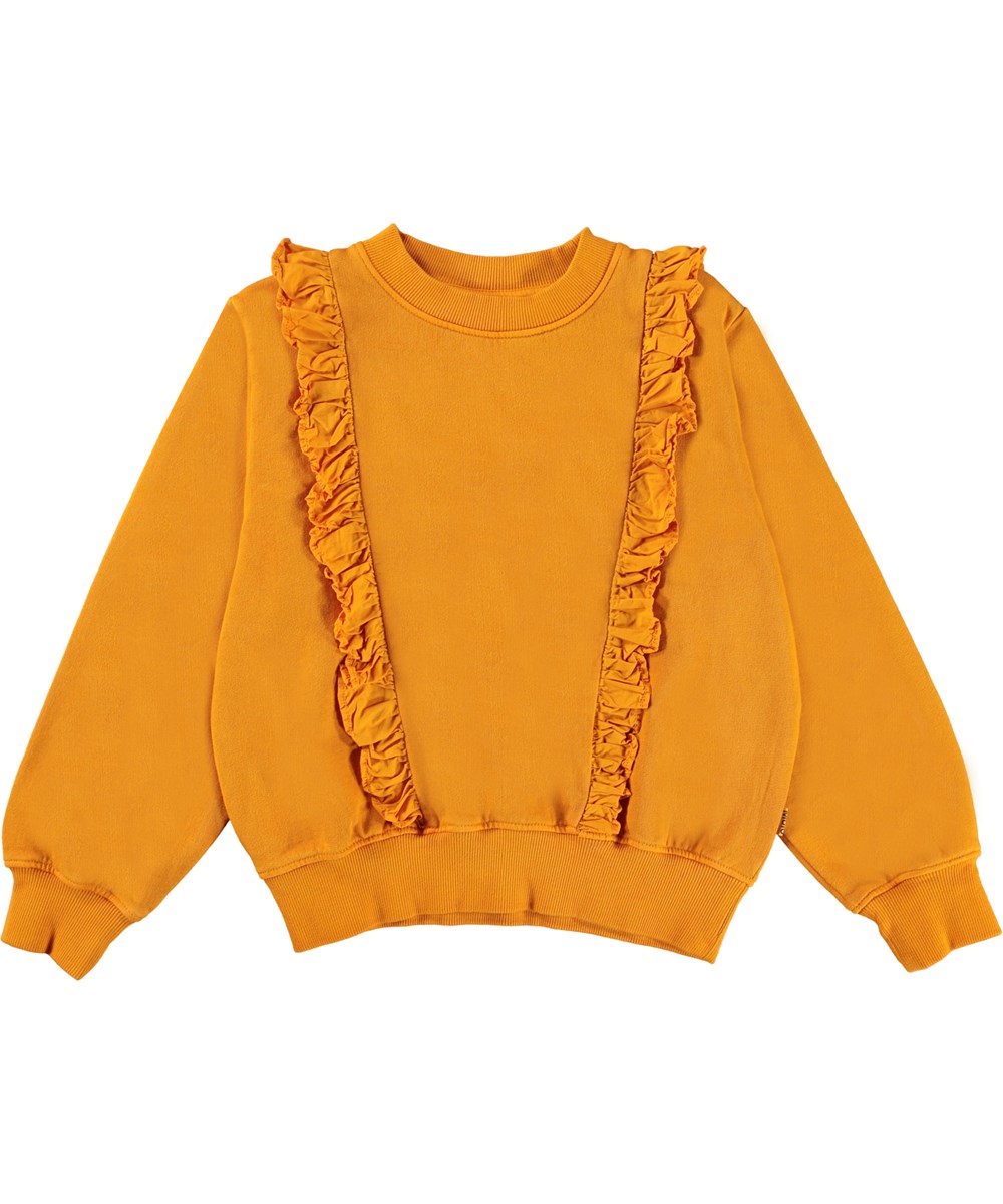 Marcia - Old Gold - Ekologisk orange sweatshrt med volanger.