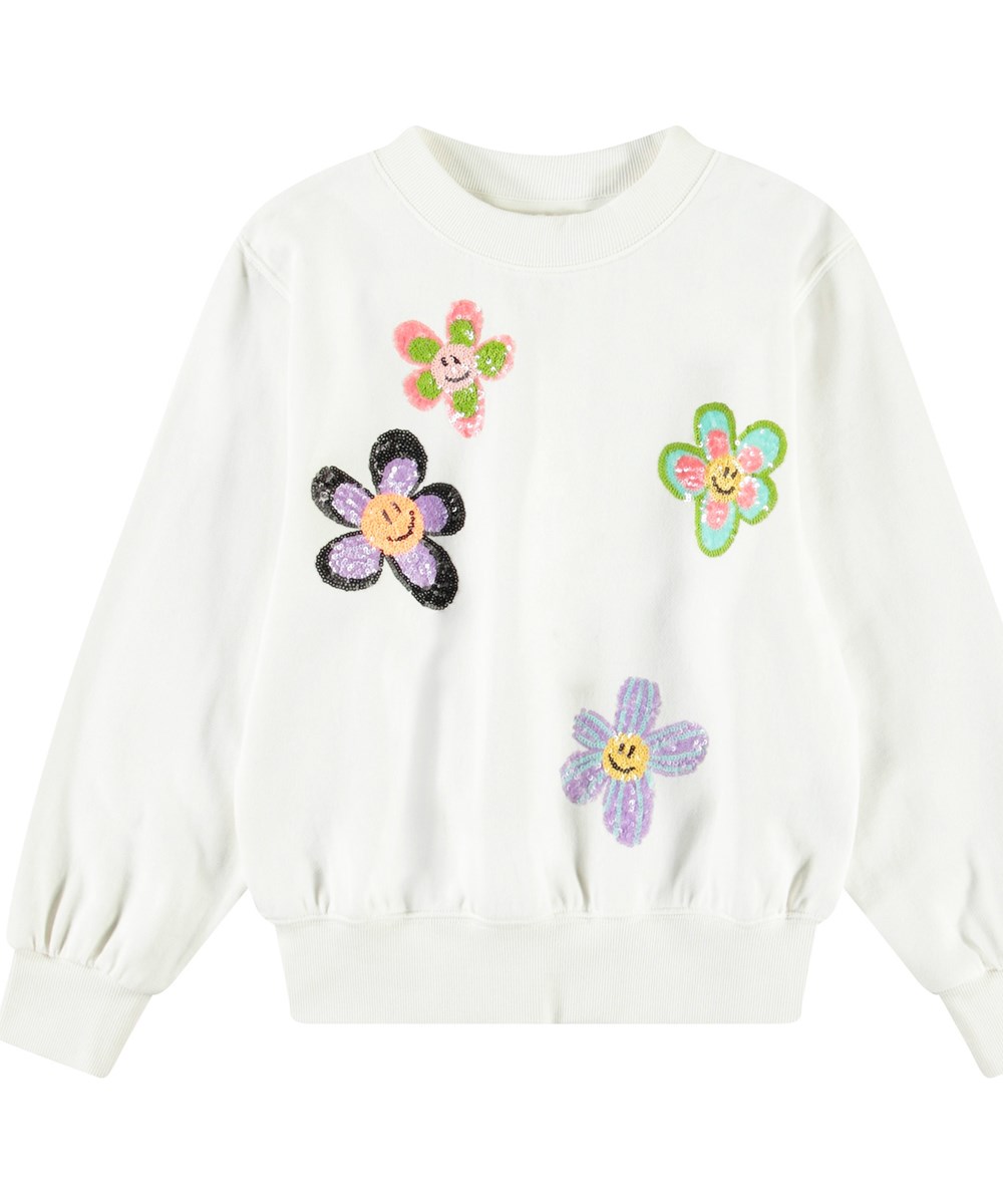 Marge - Joy Of Flowers - Vit sweatshirt med paljetter för barn i mjuk ekologisk bomull med ribbade kanter vid halsen, ärmar och nederkant på sweatshirten.