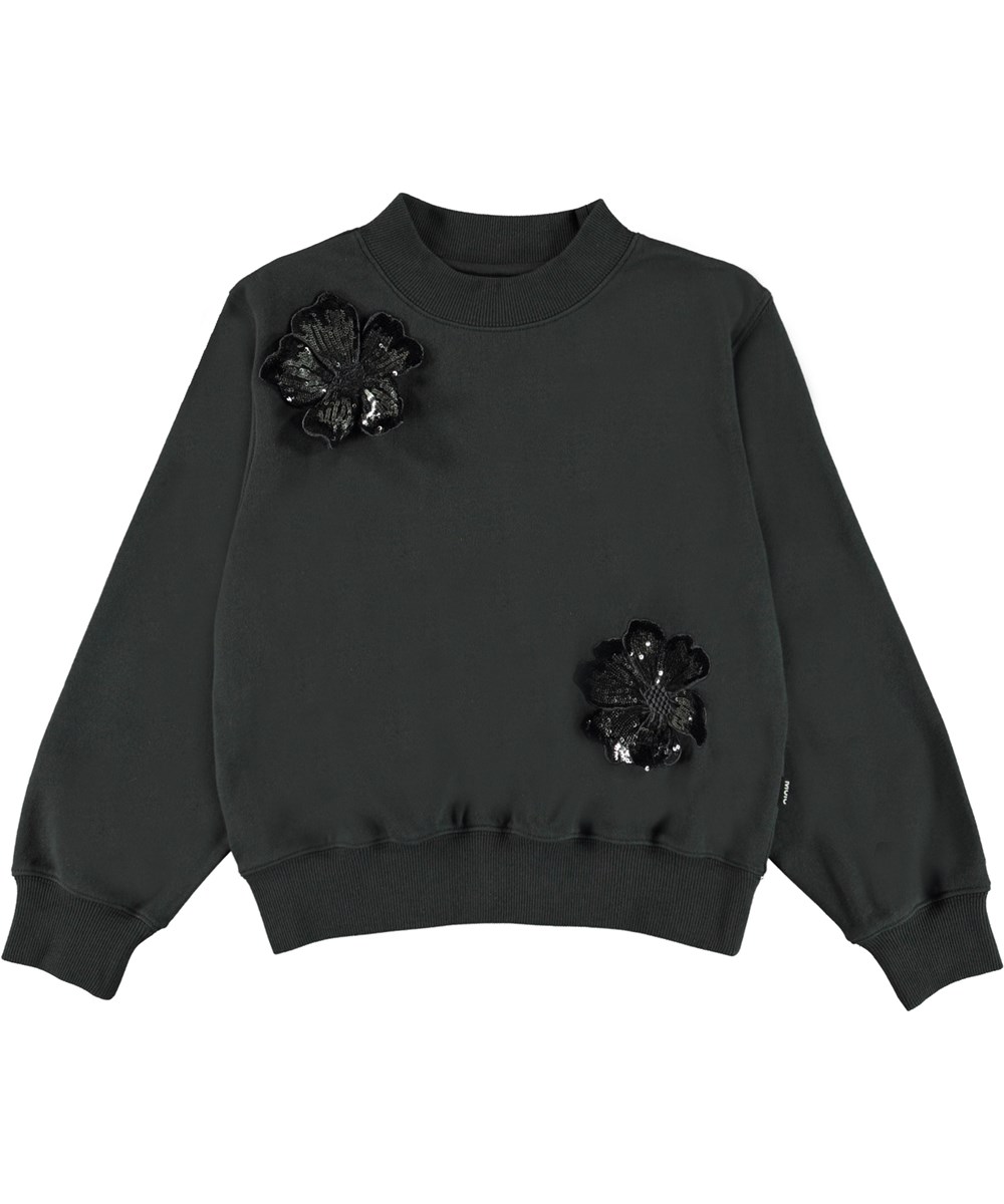 Marge - Space Grey - Mörkgrå sweatshirt med paljettblommor.