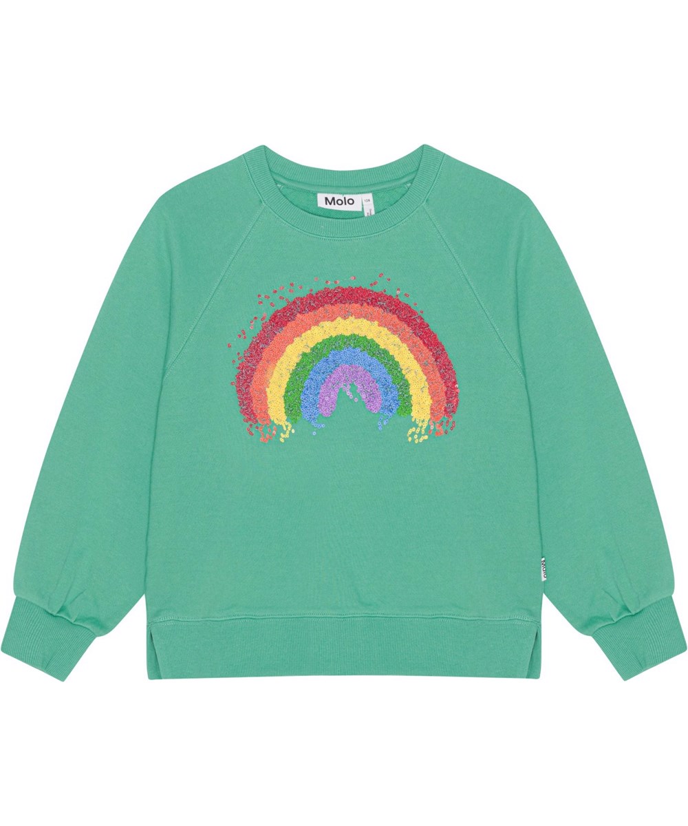 Marilee - Chalk Green - Grön sweatshirt i ekologisk bomull med regnbåge i paljetter.