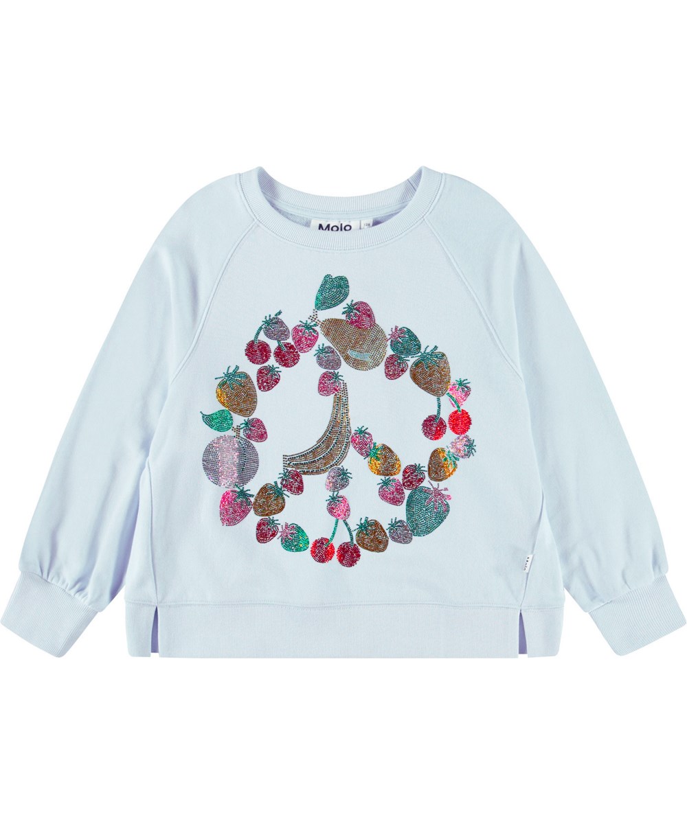 Marilee - Glitter Fruits - Ljusblå sweatshirt med slitsar för barn i mjuk ekologisk bomull med ribbade kanter vid halsen, ärmar och nederkant på sweatshirten.