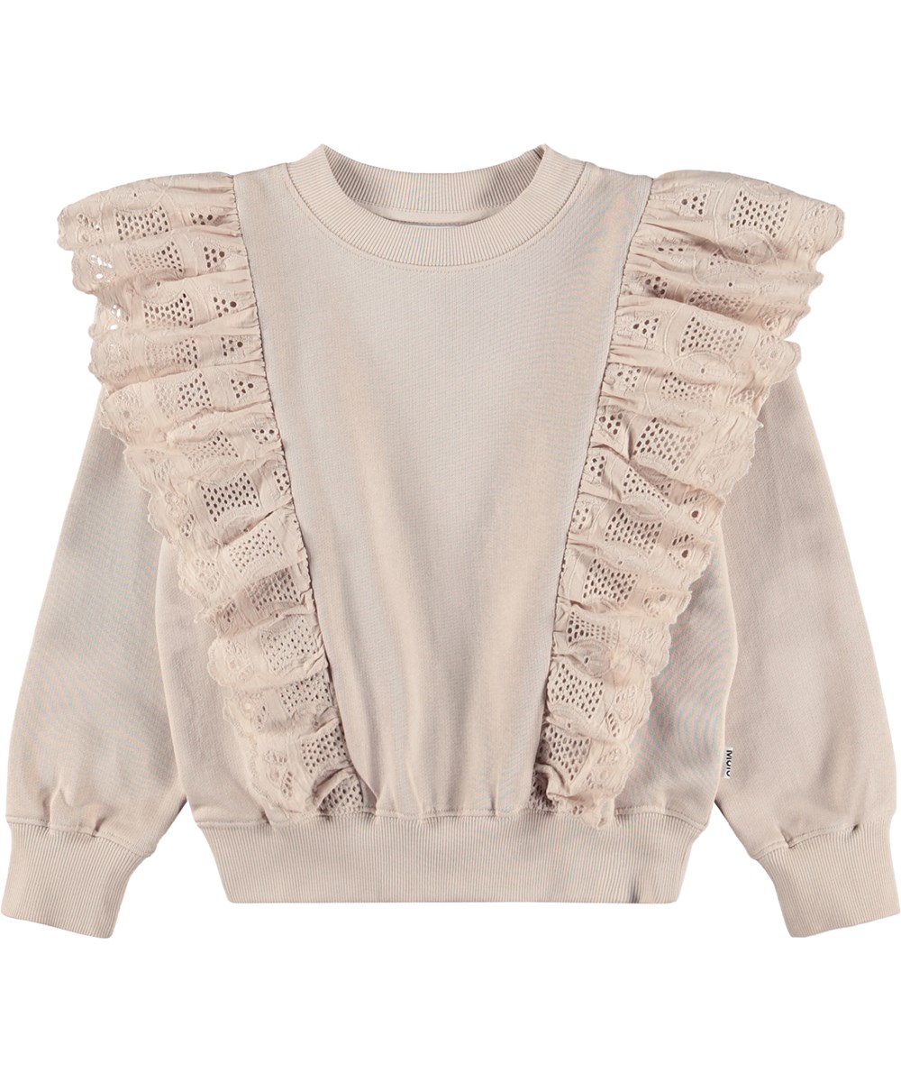 Maro - Soft Powder - Beige tröja för barn i ekologisk bomull med volangkanter