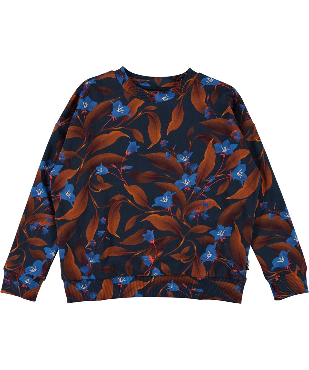 Maxi - Night Bloom_Big - Ekologisk mörk sweatshirt med blåa blommor