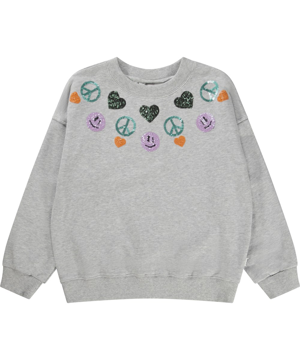 Maxi - Nordic Sequin - Ljusgrå melerad ekologisk sweatshirt med paljettbroderi.