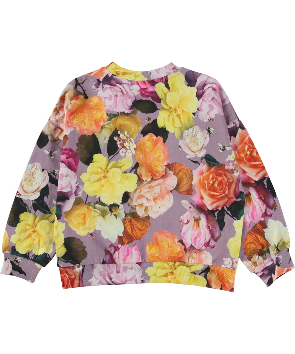 Maxi - Rosegarden Cat - Lila ekologisk sweatshirt med katt och rosor.