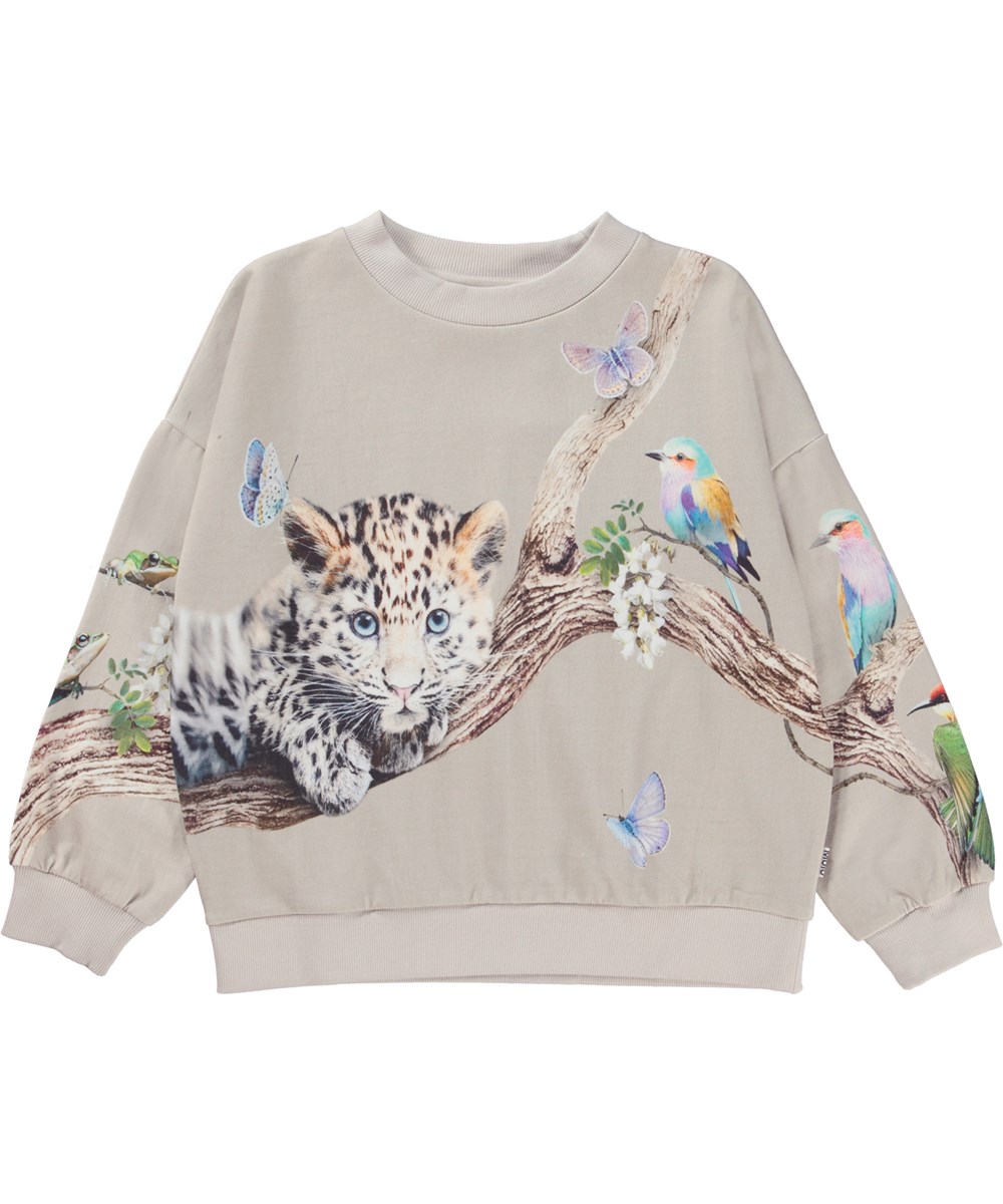 Maxi - Tree Living - Grå ekologisk sweatsirt med leopardunge.
