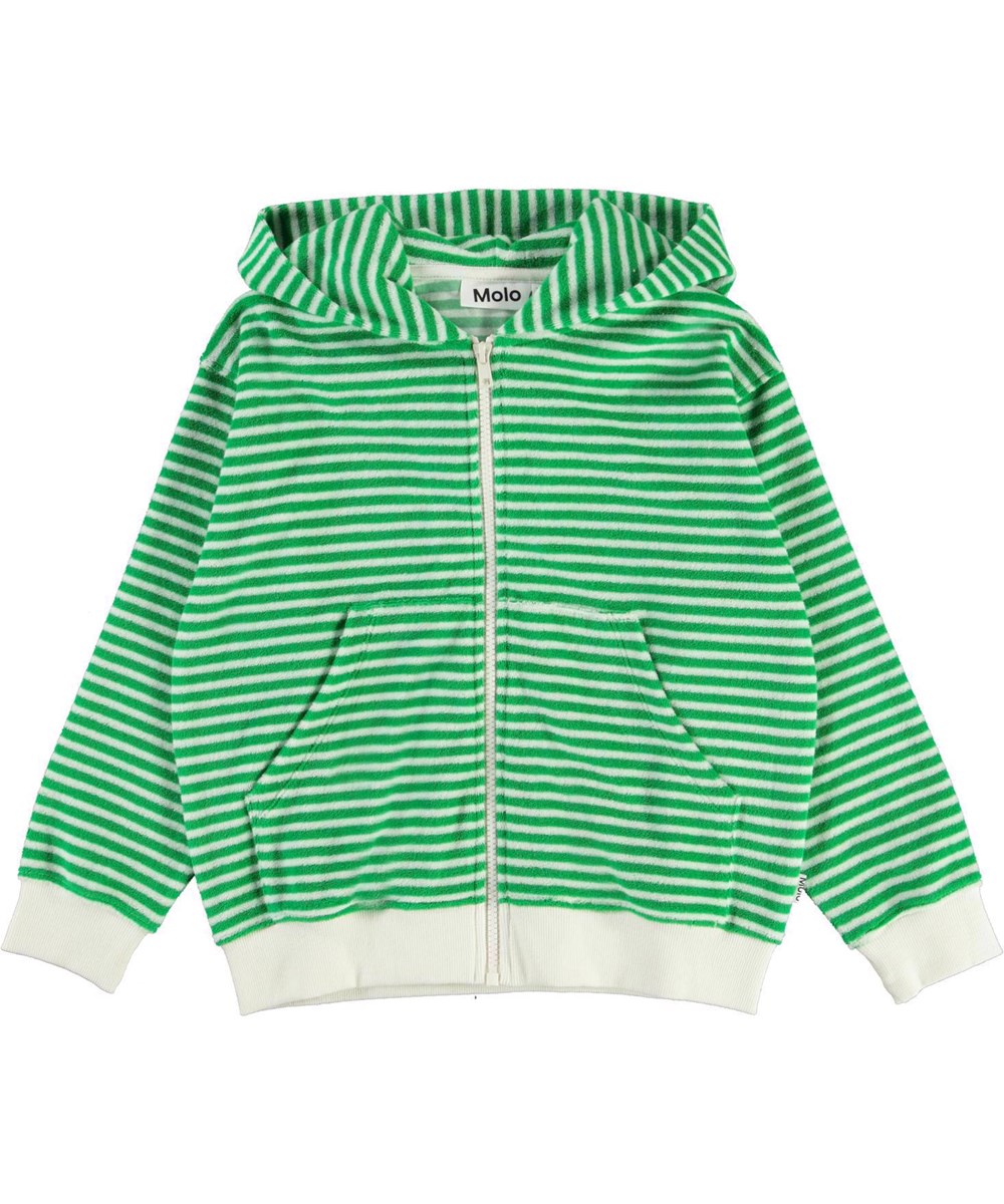 Mel - Fine Green Stripe - Grön- och vitrandig frotté luvtröja.