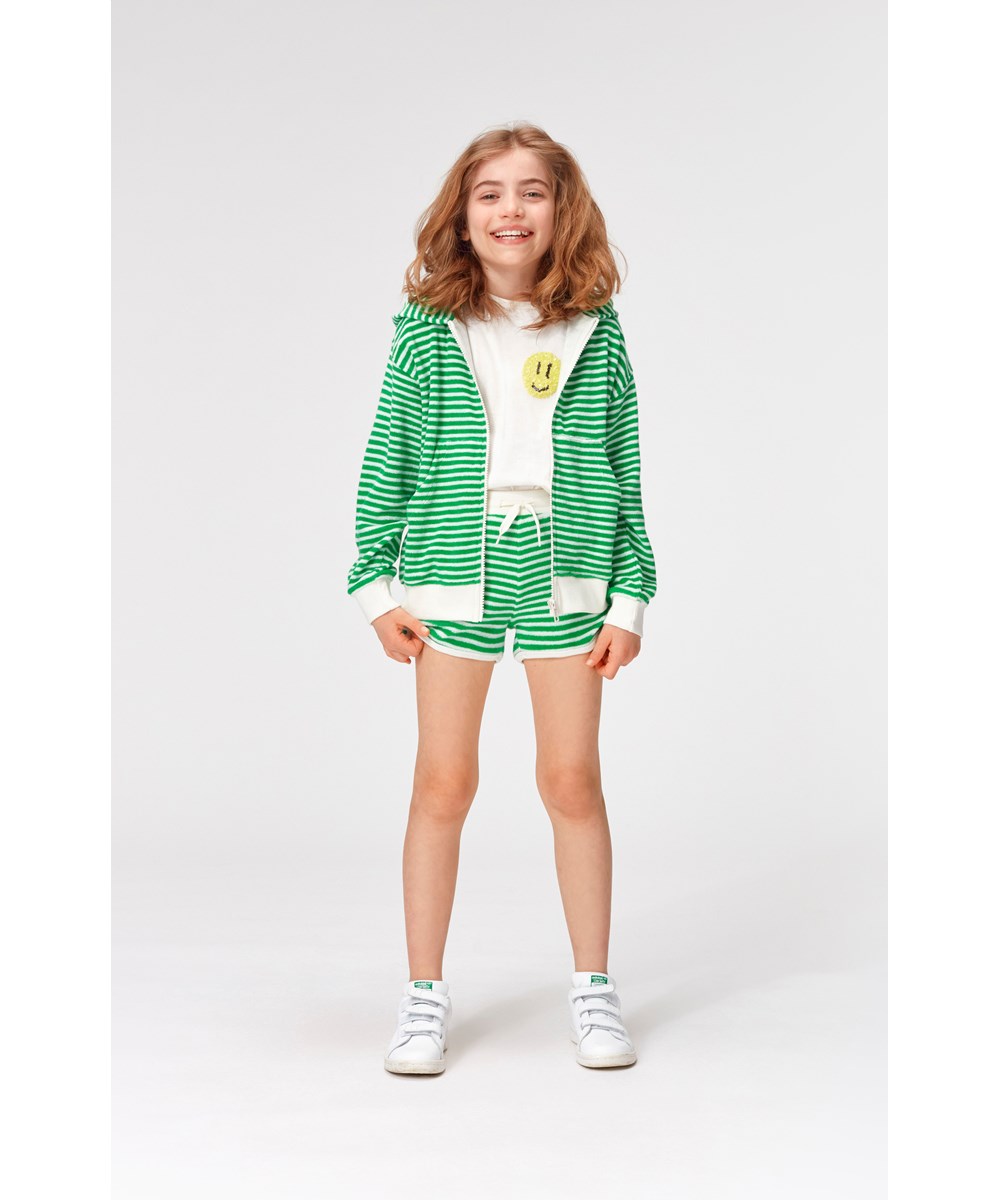 Mel - Fine Green Stripe - Grön- och vitrandig frotté luvtröja.