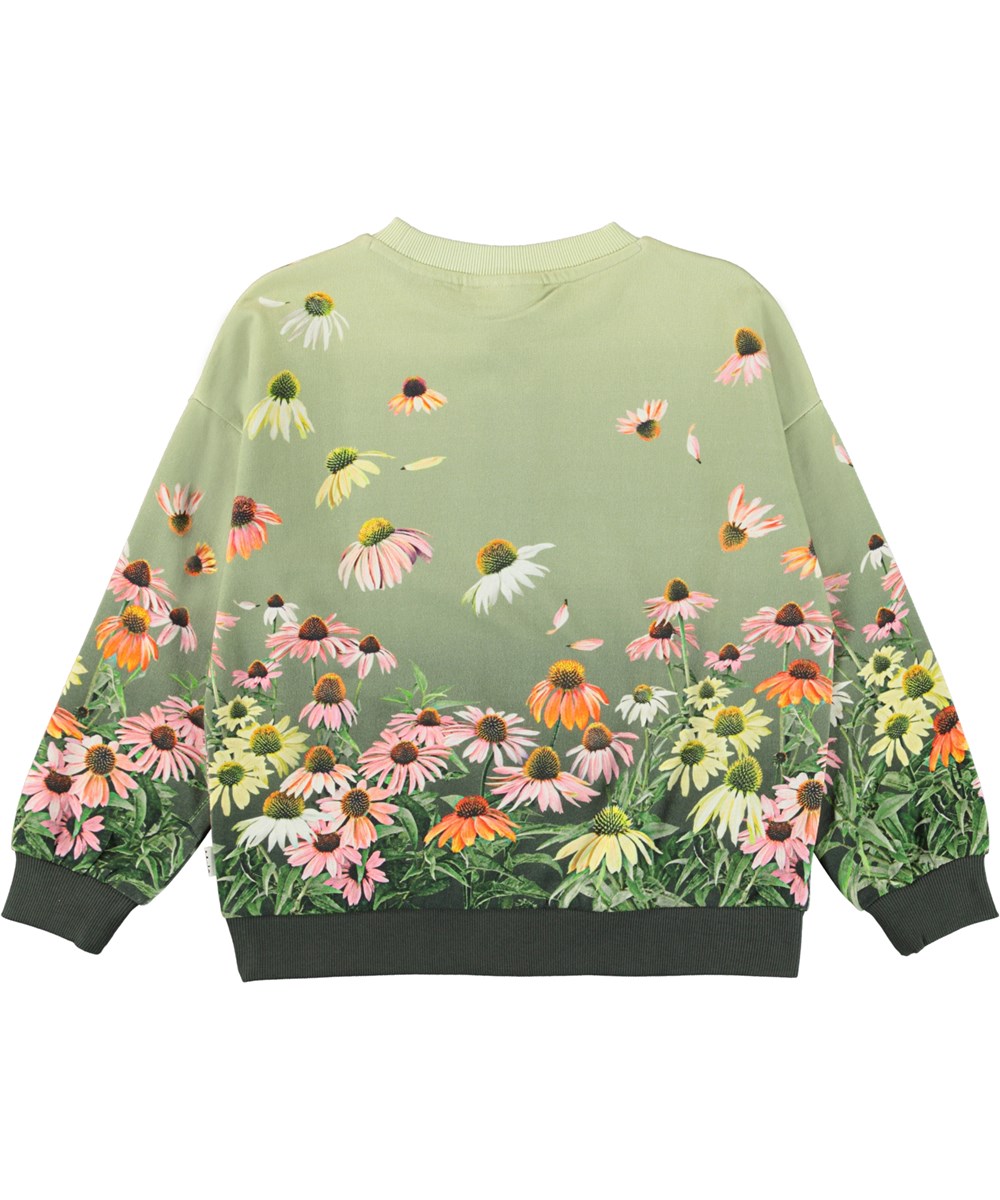 Mika - Floral Flutter - Ekologisk grön sweatshirt med blommor och fåglar.O448:P449