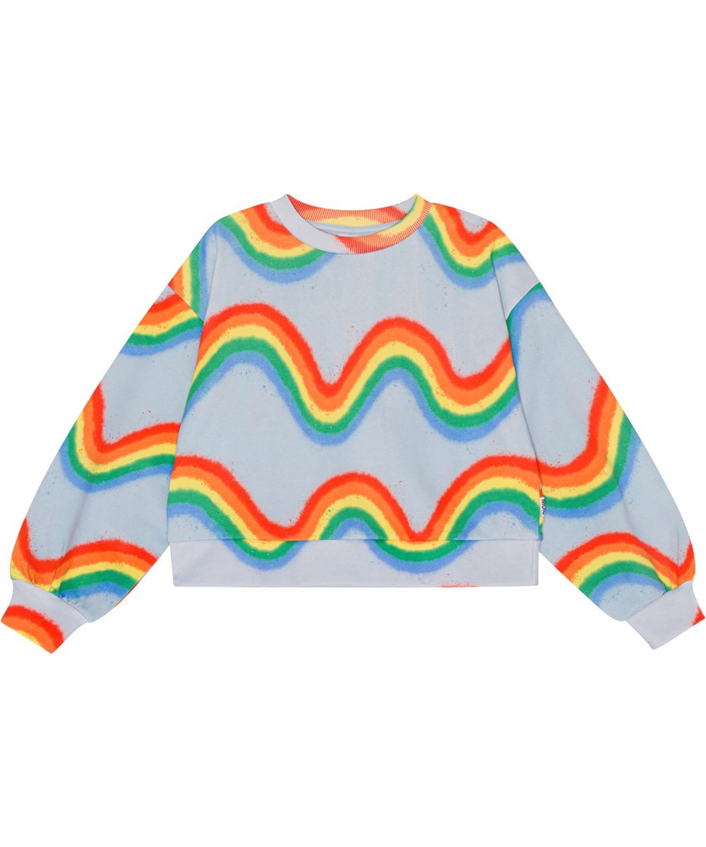 Miki - Rainbow Waves - Ljusblå sweatshirt i ekologisk bomull med regnbåge. 