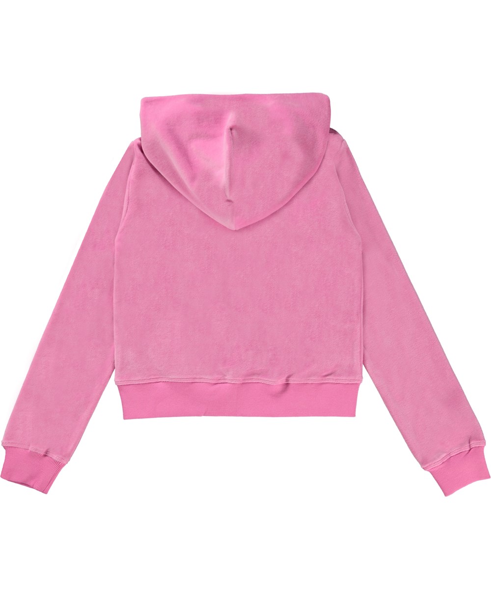 Milla - Sunset Pink - Rosa velourtröja med luva och dragkedja.