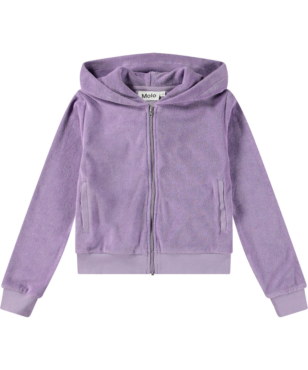 Milla - Violaceous - Lila kofta med huva för barn i mjuk velour med ribbade kanter runt handlederna och längst ner på koftan.