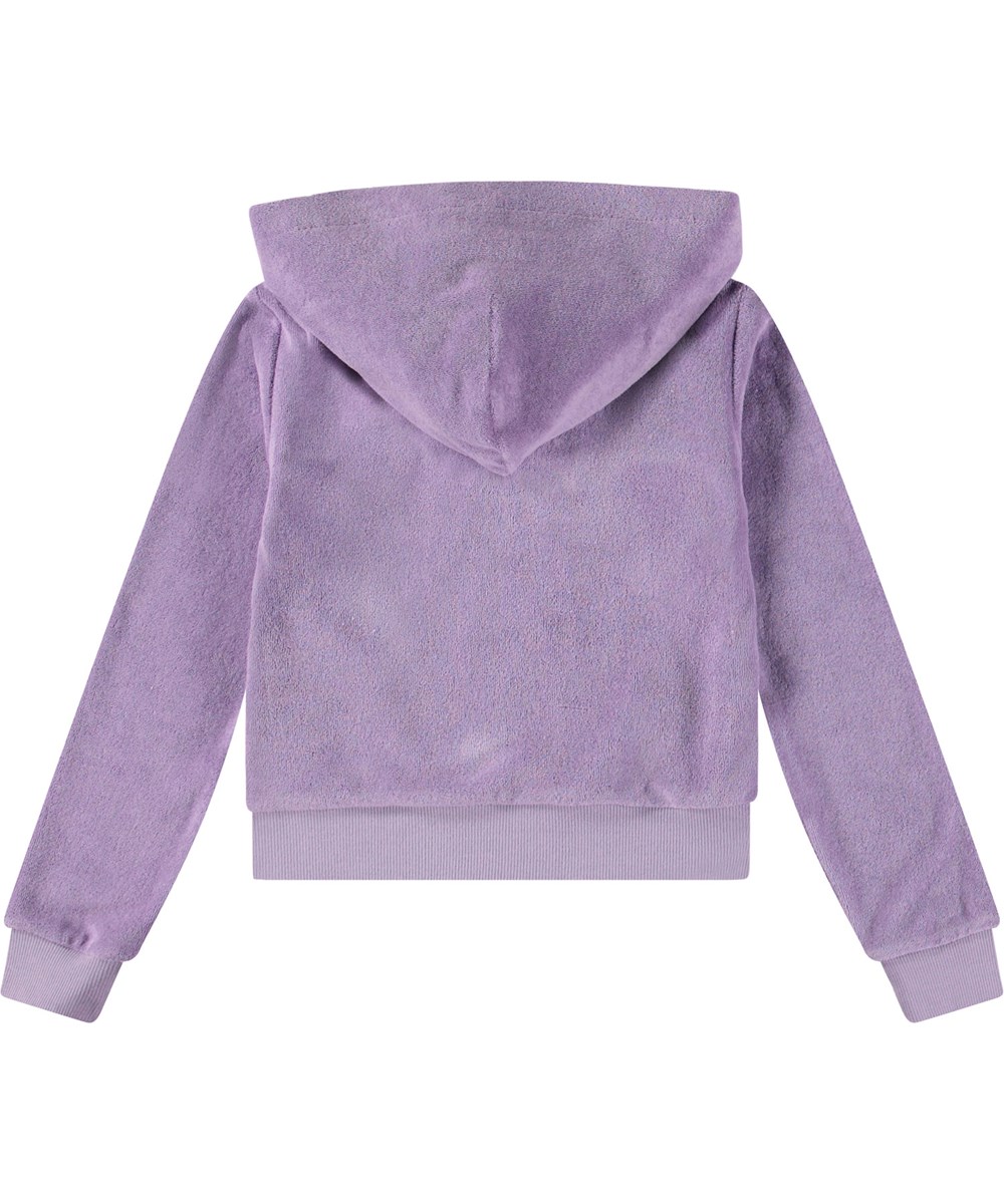 Milla - Violaceous - Lila kofta med huva för barn i mjuk velour med ribbade kanter runt handlederna och längst ner på koftan.