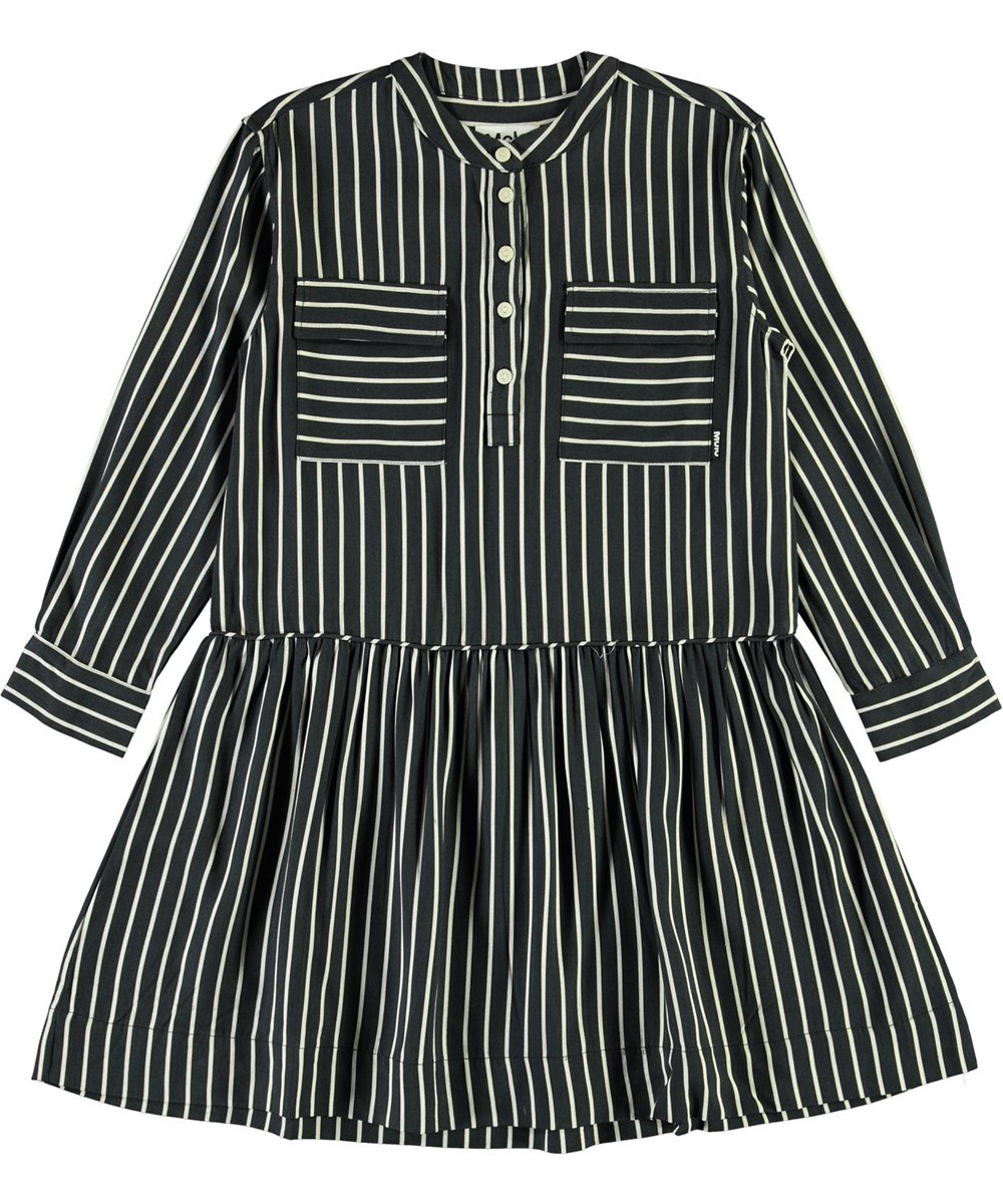 Cacao - Vertical BW Stripe - Blue and white striped shirt dress