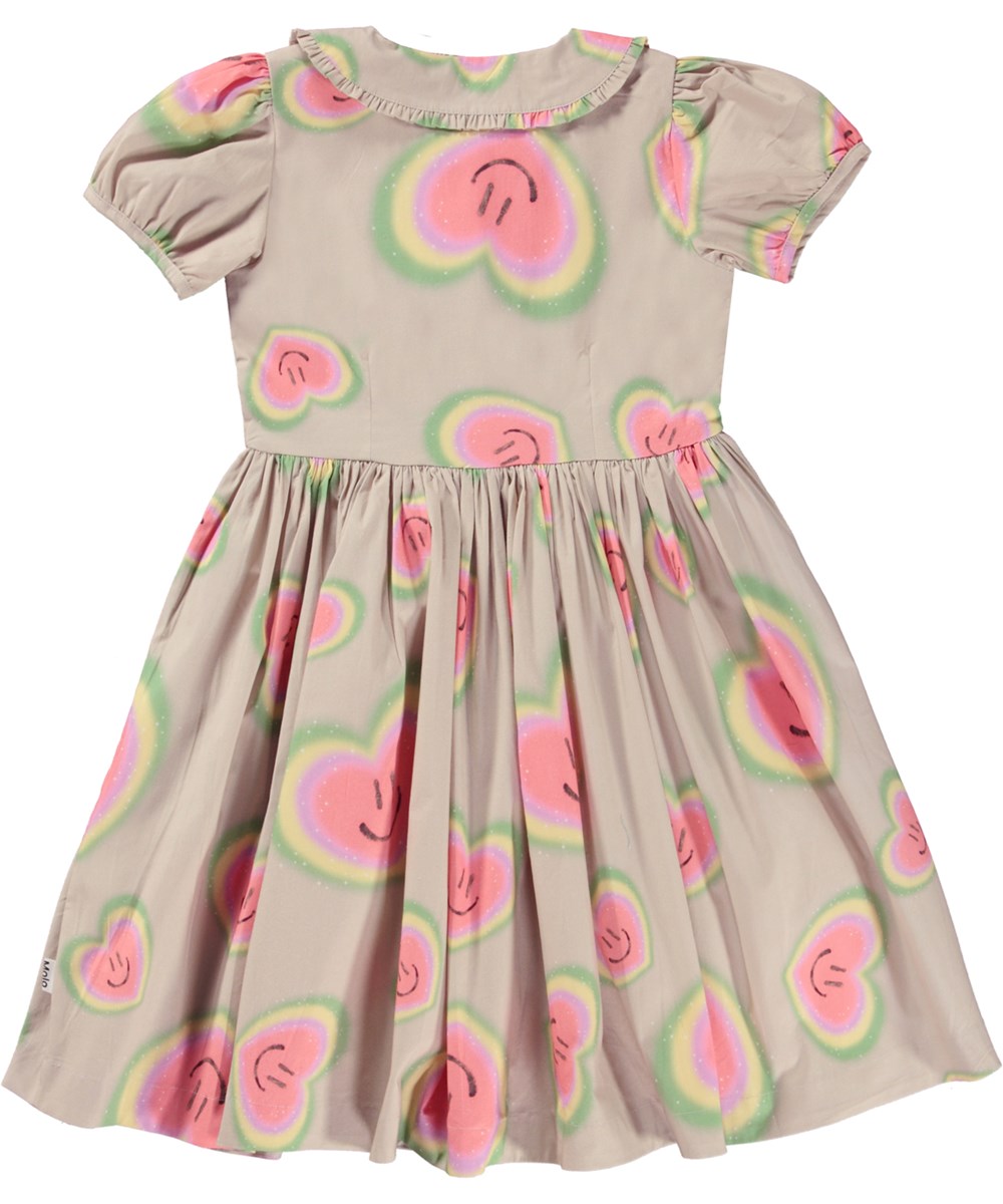 Cady - Aura Hearts - Beige organic knee length dress with all over aura heart print and Peter Pan collar