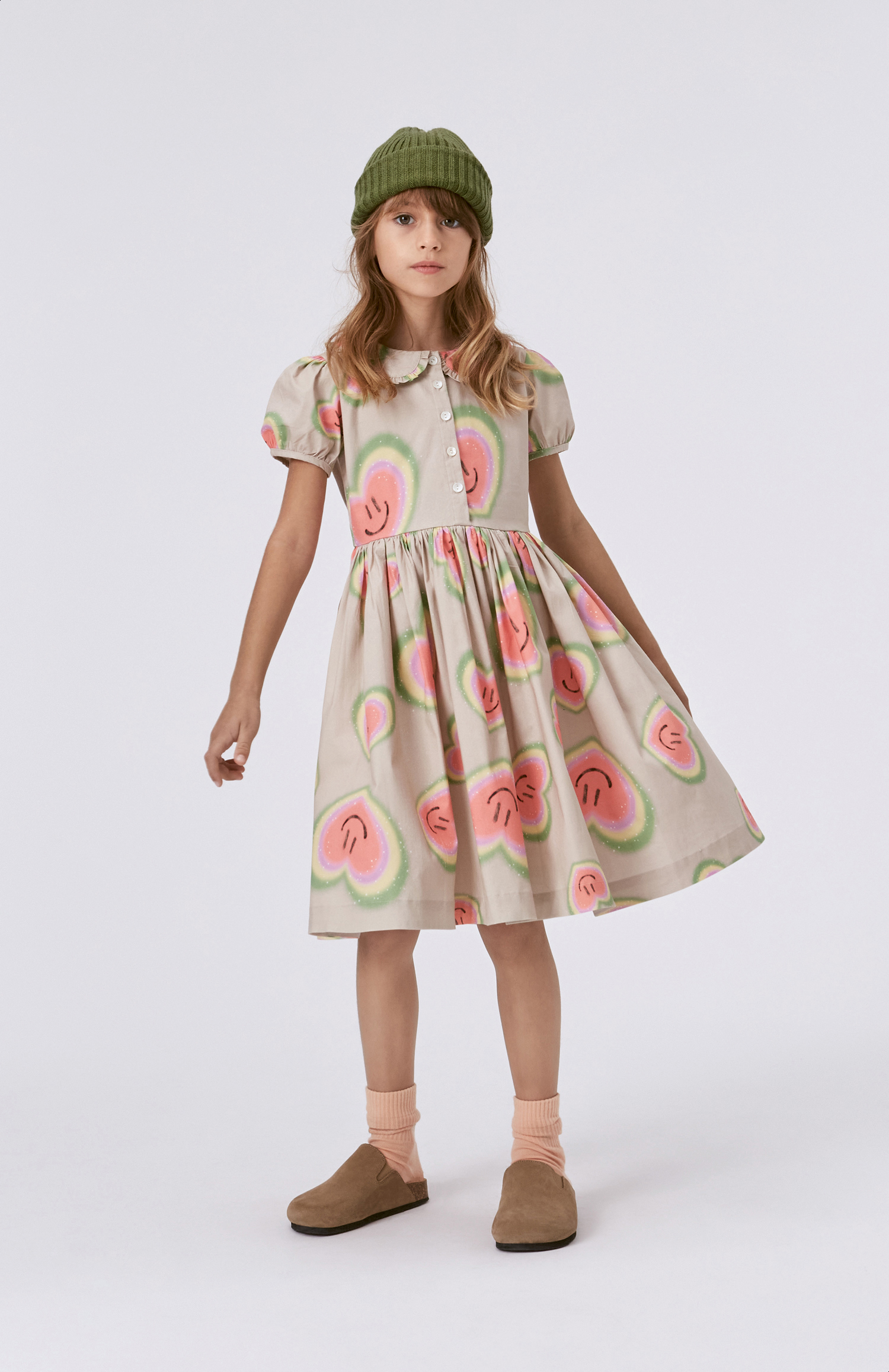 Cady - Aura Hearts - Beige organic knee length dress with
