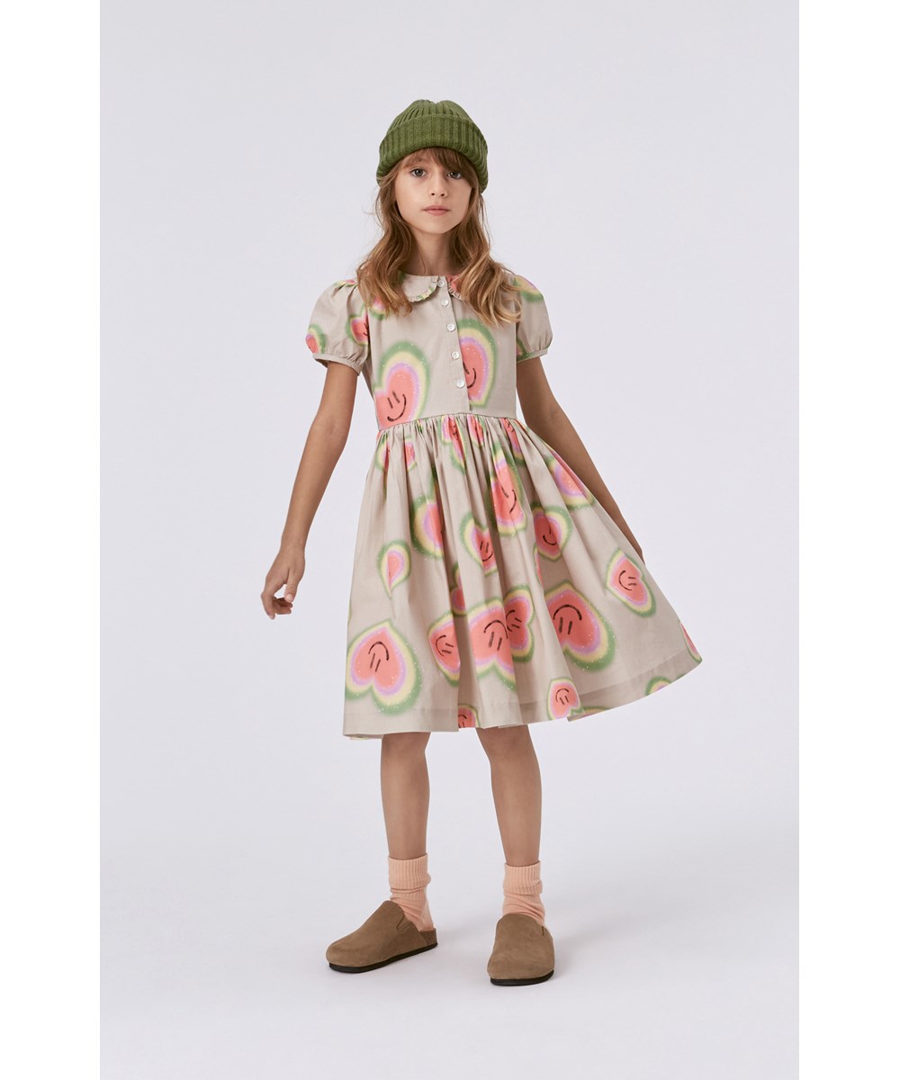 Cady - Aura Hearts - Beige organic knee length dress with all over aura heart print and Peter Pan collar
