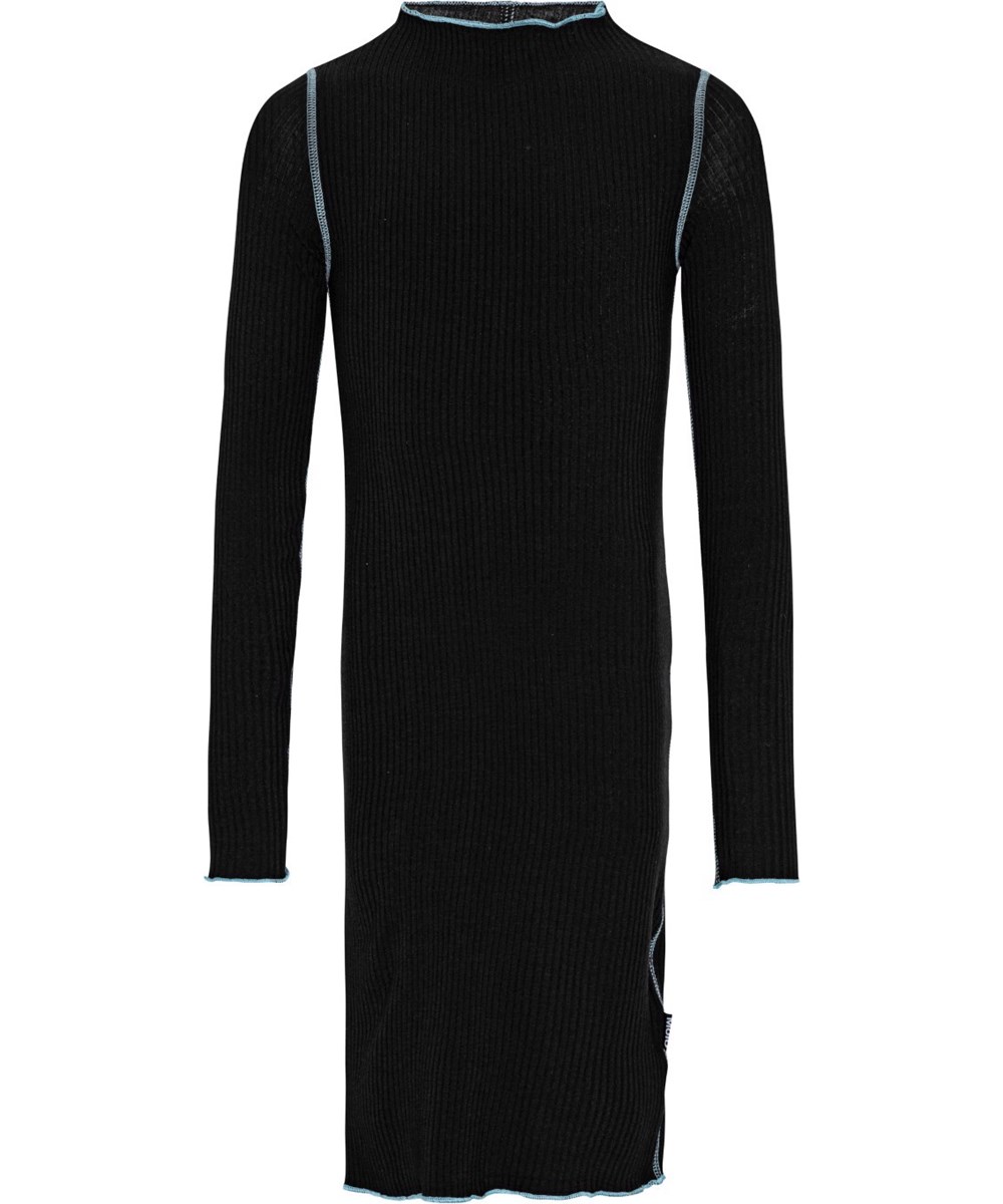 Cai - Black - Black long-sleeved ribbed jersey dress with close-fitting silhouette and light blue overlock edges.