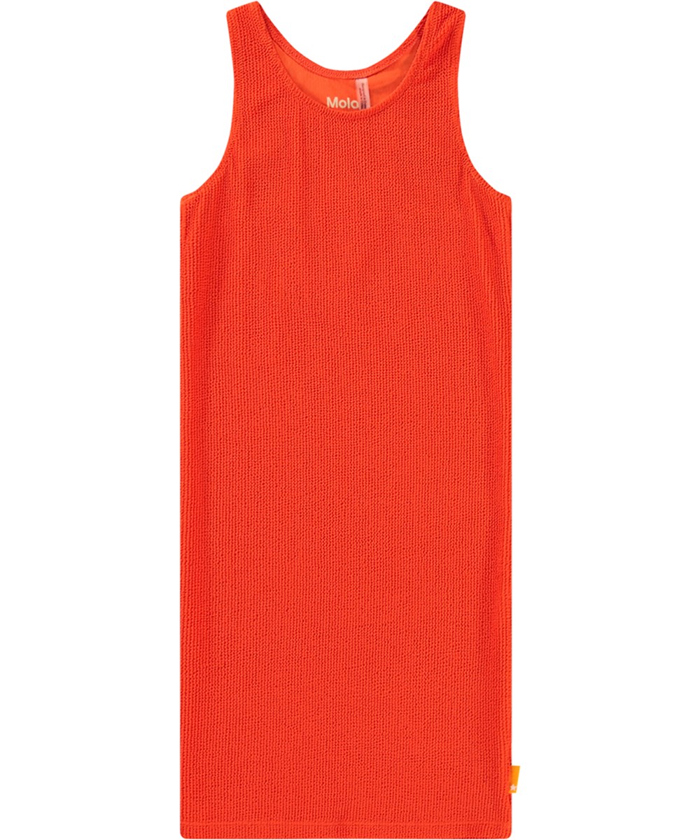 Cailey - Strawberry Hot - Stretchy red tank top dress for children with texture, wide straps, and round neckline.