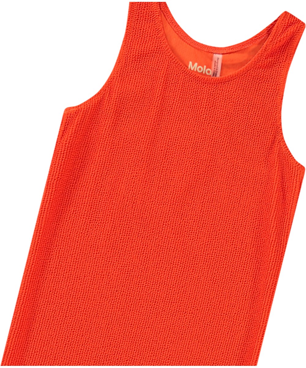Cailey - Strawberry Hot - Stretchy red tank top dress for children with texture, wide straps, and round neckline.