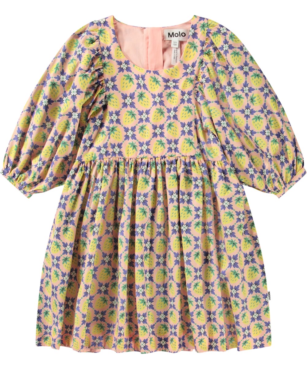 Caio - Vintage Berries - Knee-length pink dress in organic cotton with an all-over print of yellow strawberries and white flowers blending together to create a beautiful pattern.