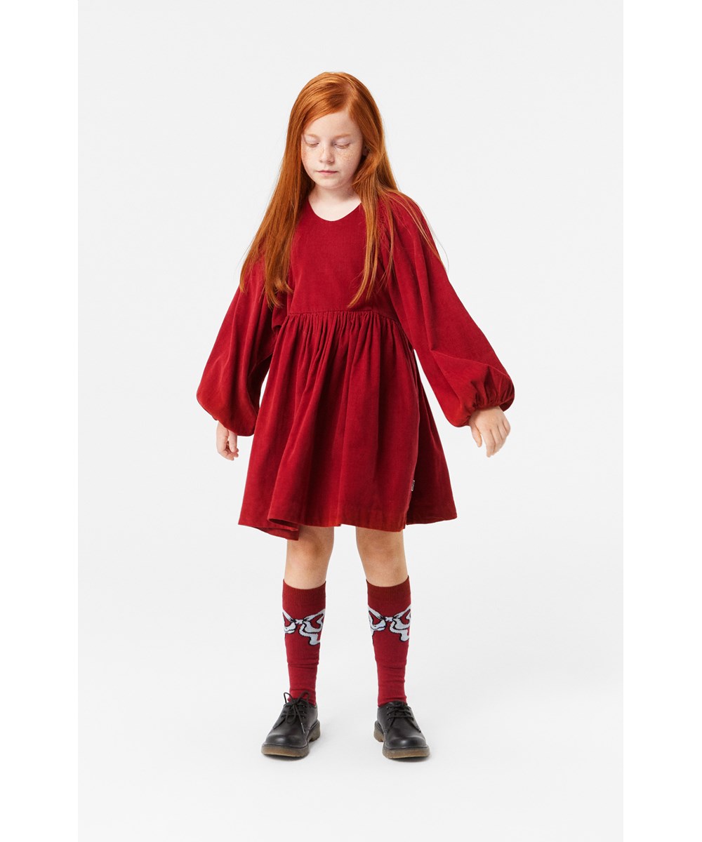 Caiosi - Velvety - Bordeaux flouncy knee-length dress in organic cotton with oversized fit.