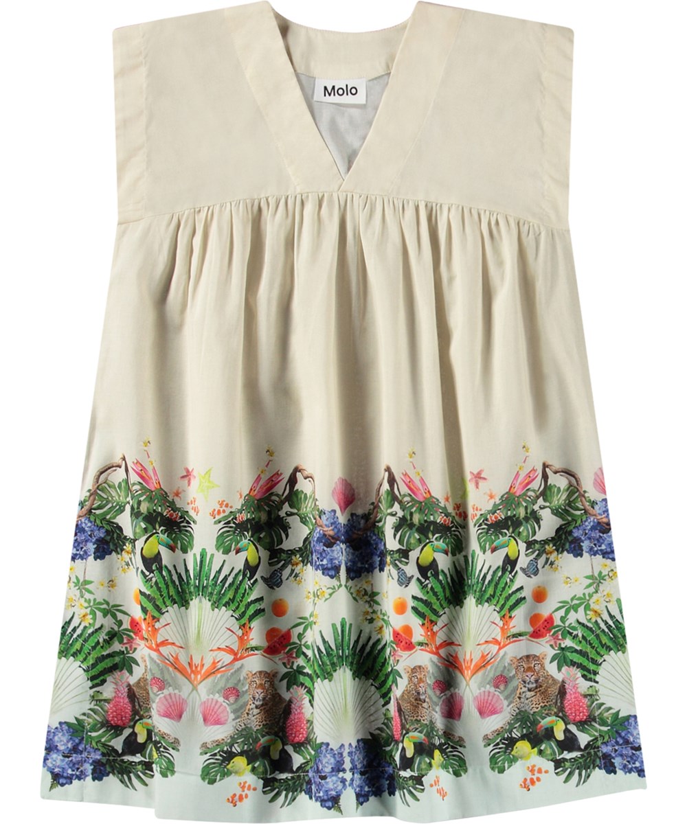 Cajla - Magic Sand - Beige loose dress for children in organic cotton with wide straps and v-neckline.