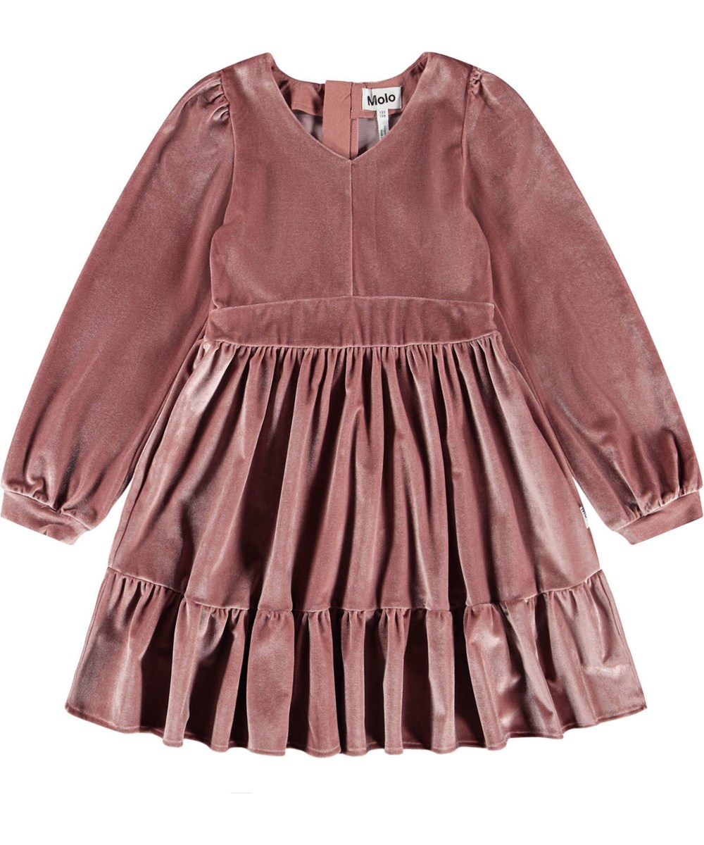 Calanthe - Fox Glove - Knee-length pink dress for children made of velour with a beautiful ruffle skirt.