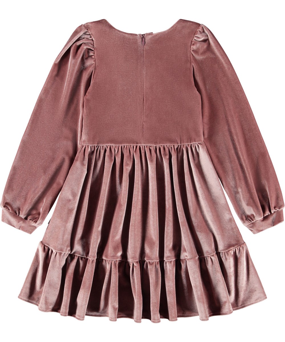 Calanthe - Fox Glove - Knee-length pink dress for children made of velour with a beautiful ruffle skirt.