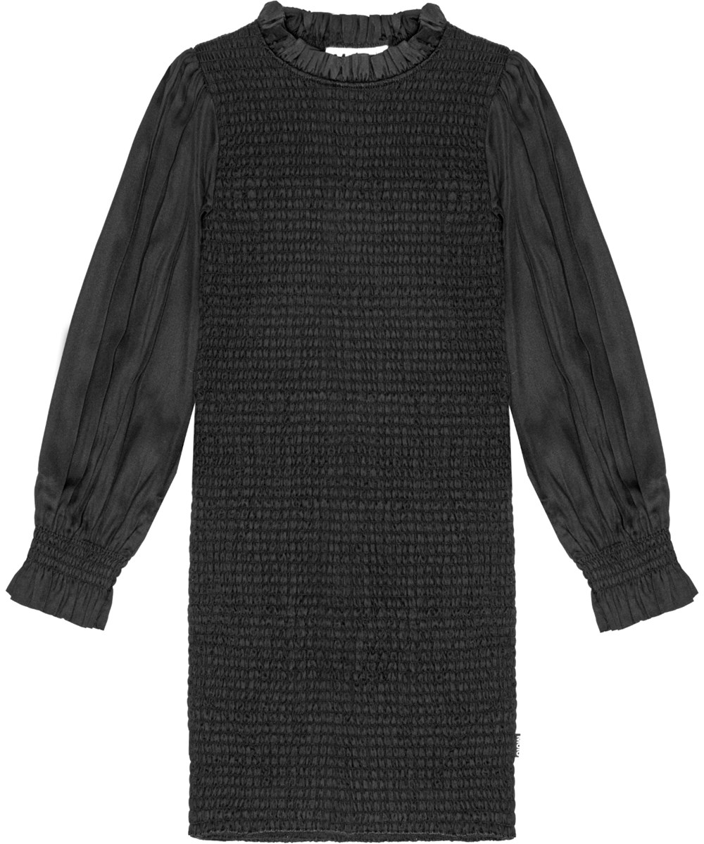 Calesta - Black - Black knee-length dress in soft viscose with smocking for snug fit.