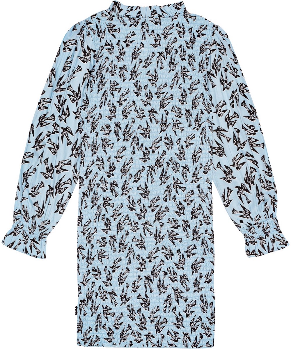 Calesta - Blue Studio Birds - Light blue knee-length dress in soft viscose with smocking, bird print.