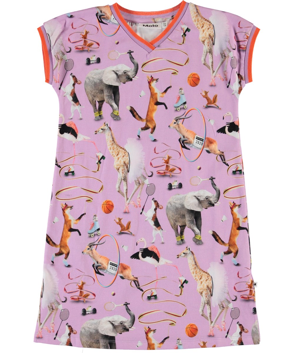 California - Made For Motion - Purple organic dress with animals 
