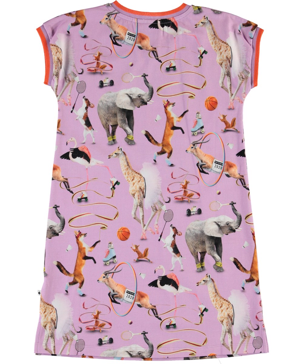 California - Made For Motion - Purple organic dress with animals 