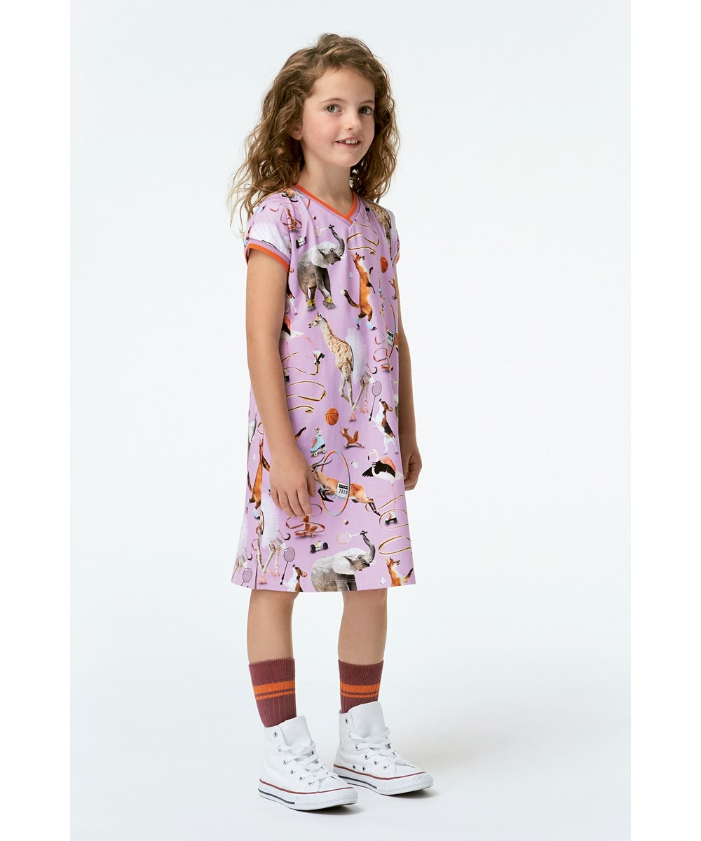 California - Made For Motion - Purple organic dress with animals 