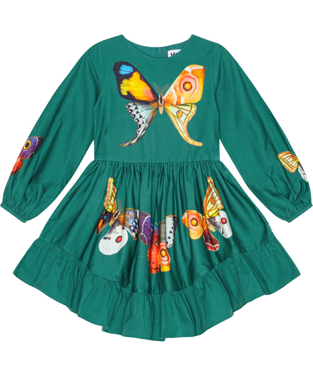 Calissa - Curiosum - Green cotton dress with round neckline, long sleeves, and butterfly print.