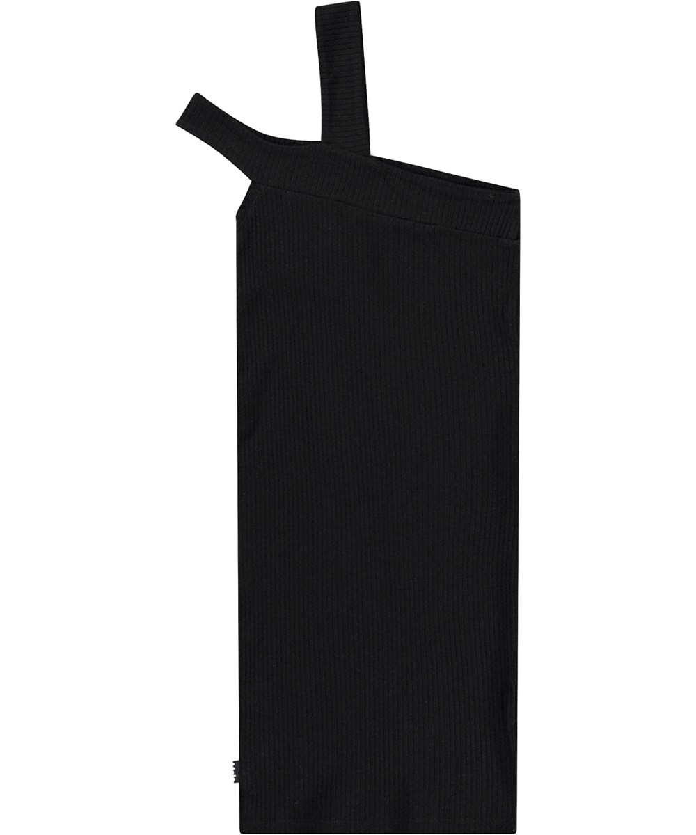 Callista - Black - Knee-length black strap dress for children in stretchy soft viscose rib.