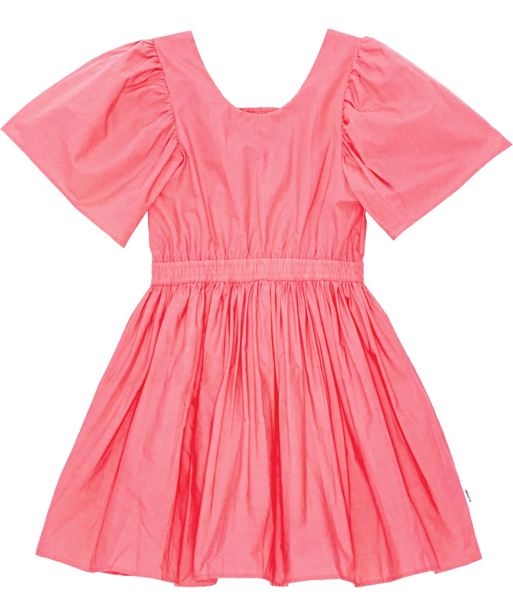 Cally - Confetti - Coral coloured dress in organic cotton with an open back