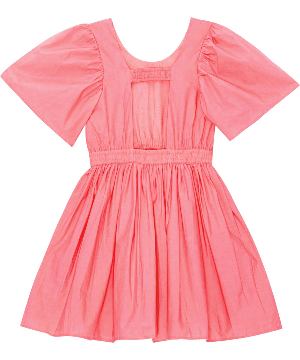 Cally - Confetti - Coral coloured dress in organic cotton with an open back