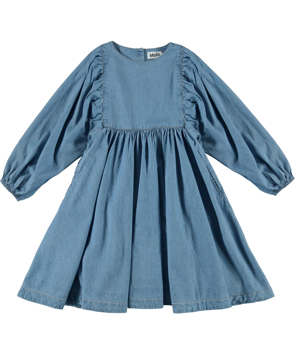 Caly - Washed Blue - Blue denim dress with large sleeves