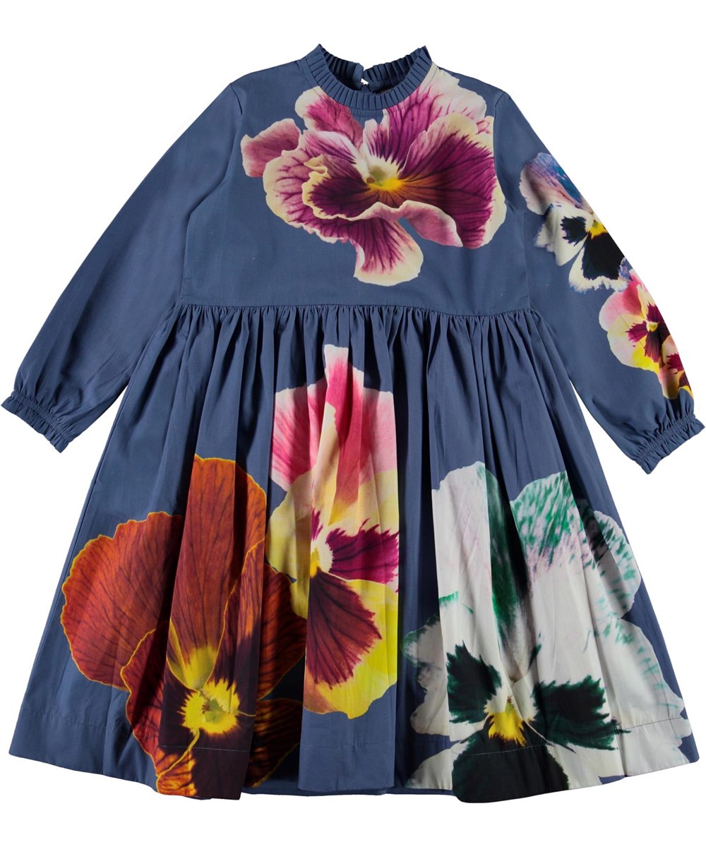 Cami - Blue Pansy - Blue organic dress with large flowers 